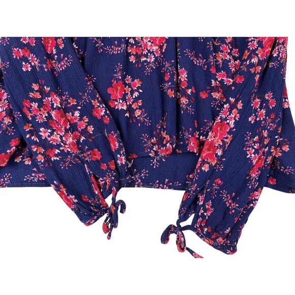 Roebuck & Co Womens Floral Peplum Top M Navy Pink Long Sleeve Tie Cuffs Boho - Picture 5 of 9